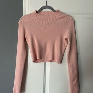 Pink Ribbed Long Sleeve Crop Top Mock Neck